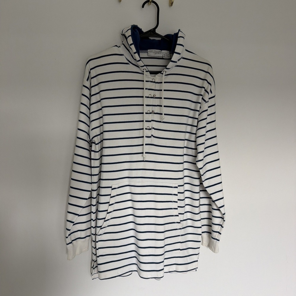 Van Heusen For Her Black & White Cotton Striped Pullover Dress With Hoodie Sz M